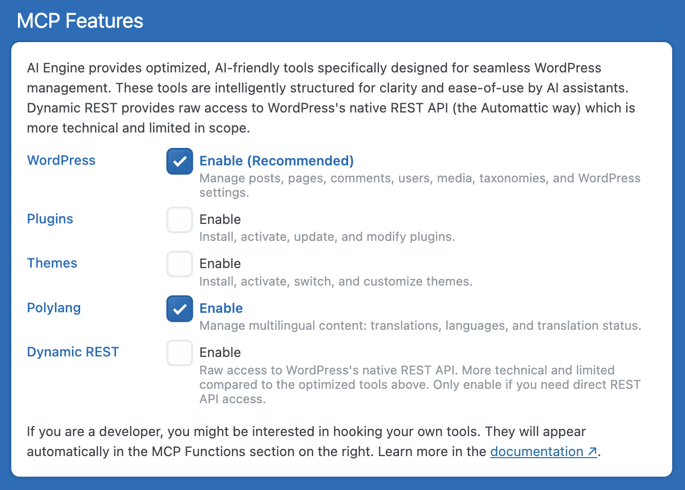 MCP Features panel showing toggleable categories: WordPress, Plugins, Themes, Polylang, and Dynamic REST