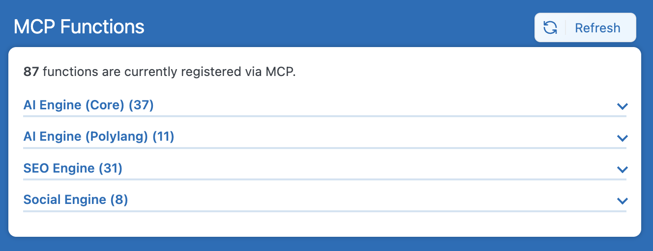 MCP Functions panel showing registered functions across AI Engine Core, Polylang, SEO Engine, and Social Engine