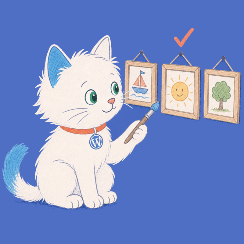 The Meow Apps cat as an art critic comparing three framed AI-generated pictures