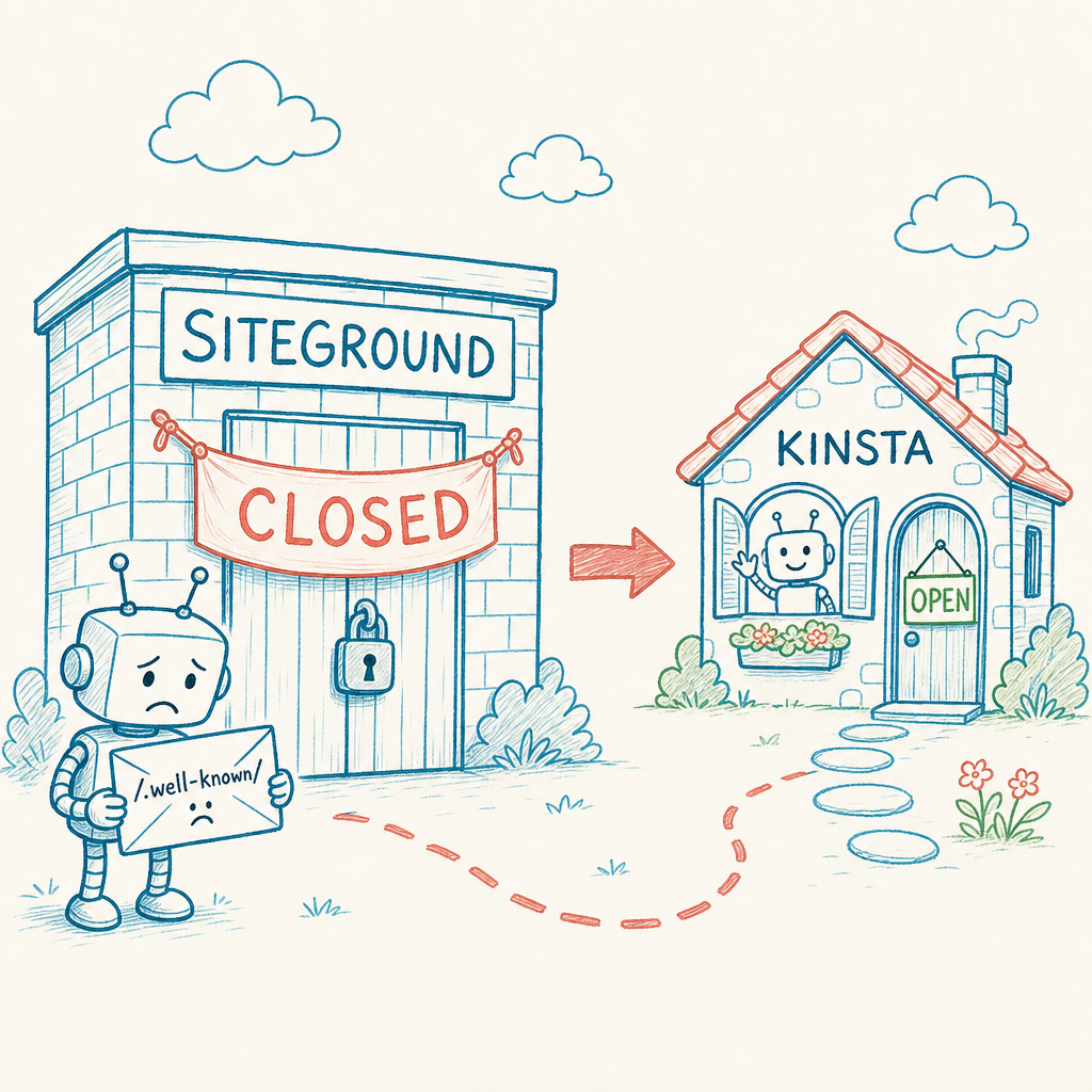 Whiteboard sketch of a sad robot holding a /.well-known/ envelope outside a closed SiteGround building marked with a coral CLOSED banner, with an arrow pointing toward a friendly OPEN Kinsta cottage.