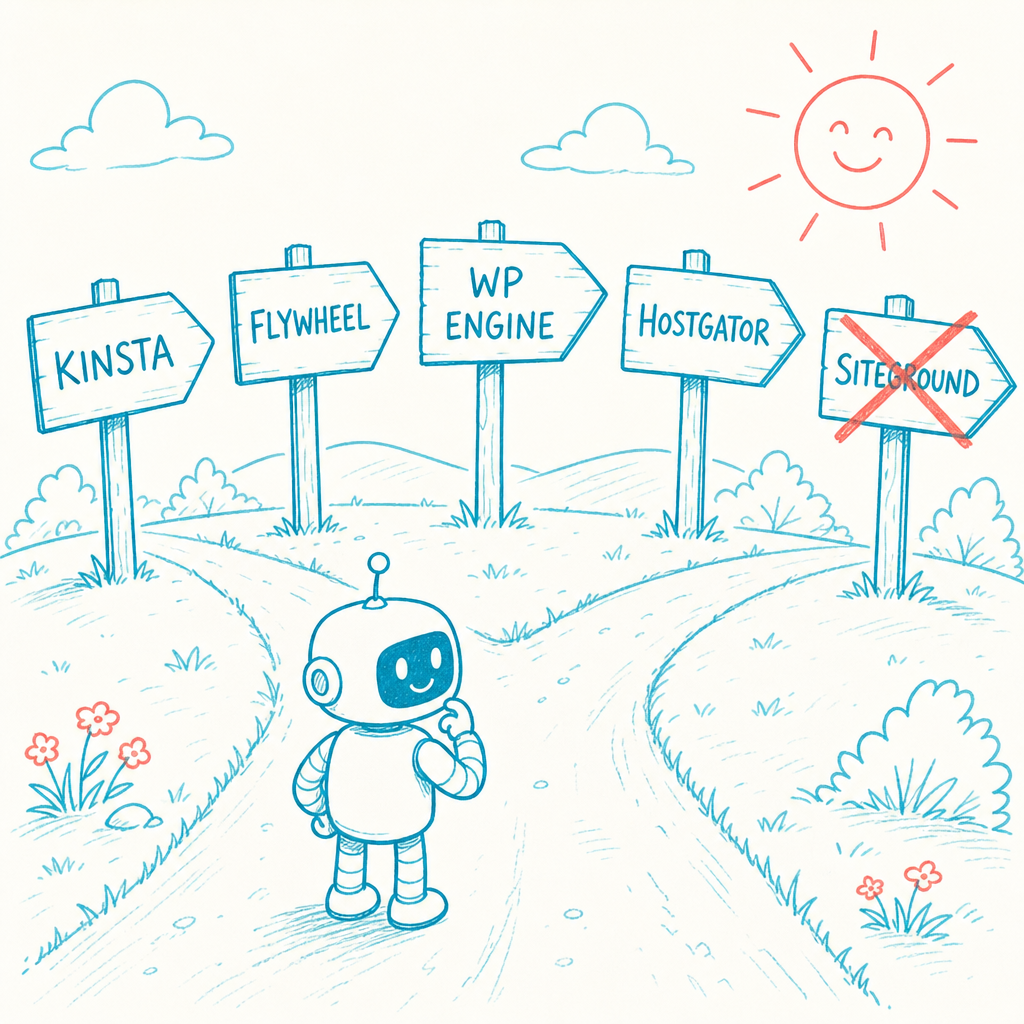 Whiteboard sketch of a small smiling robot at a fork in the road, looking at five hand-drawn signposts labeled Kinsta, Flywheel, WP Engine, HostGator, and SiteGround, with the SiteGround sign crossed out in coral red.