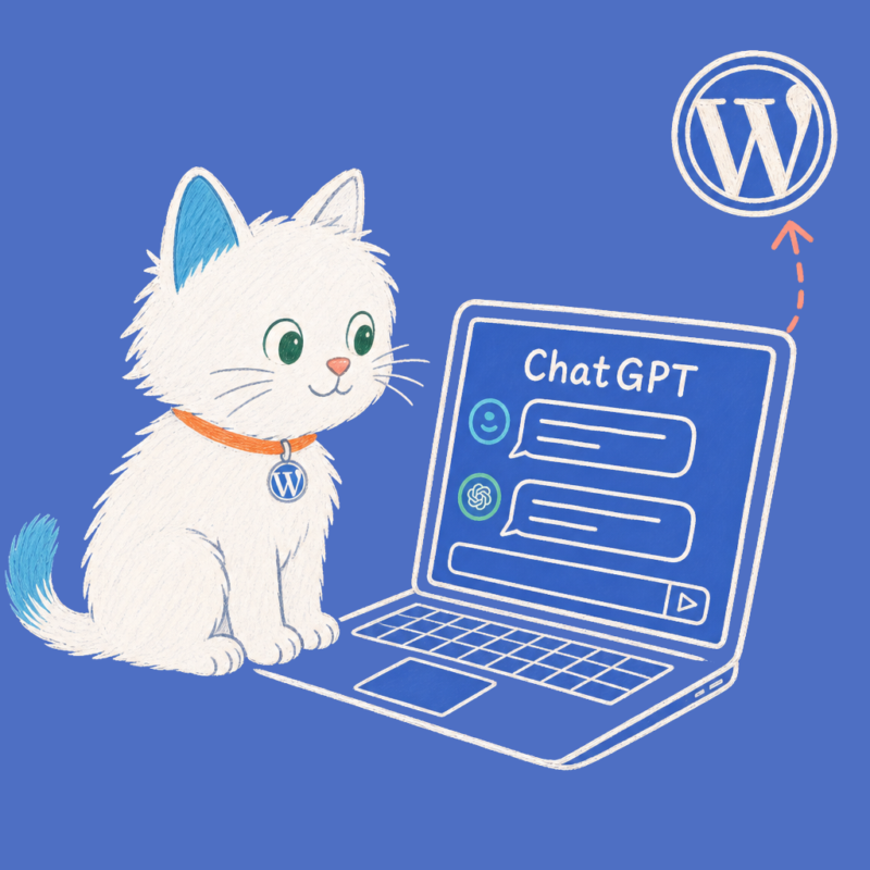 Hand-drawn illustration of the Meow Apps cat at a laptop showing ChatGPT.