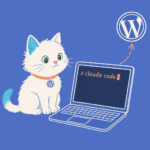 Hand-drawn illustration of the Meow Apps cat at a laptop running Claude Code.