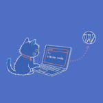 Hand-drawn sketch of the Meow Apps cat at a laptop running Claude Code, connected by a dashed coral arrow to a WordPress logo.