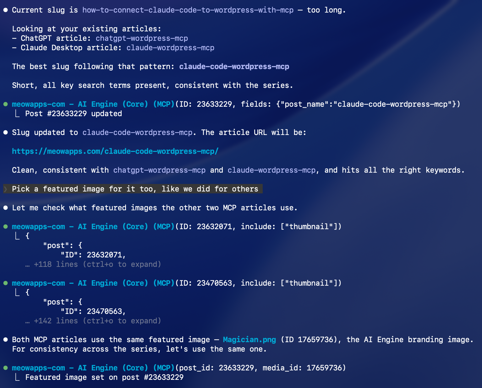 Claude Code terminal session creating a WordPress post through MCP