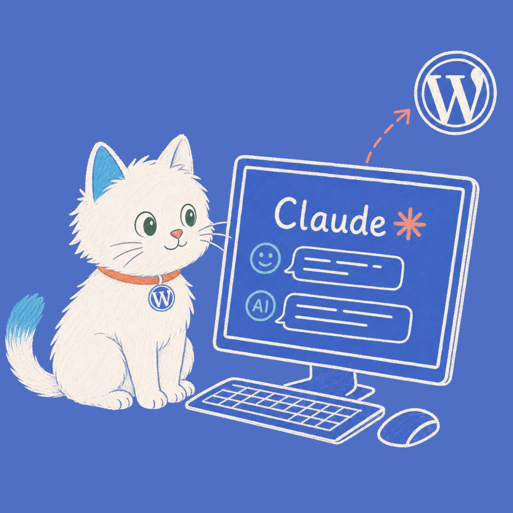 Hand-drawn illustration of the Meow Apps cat at a desktop computer showing Claude.