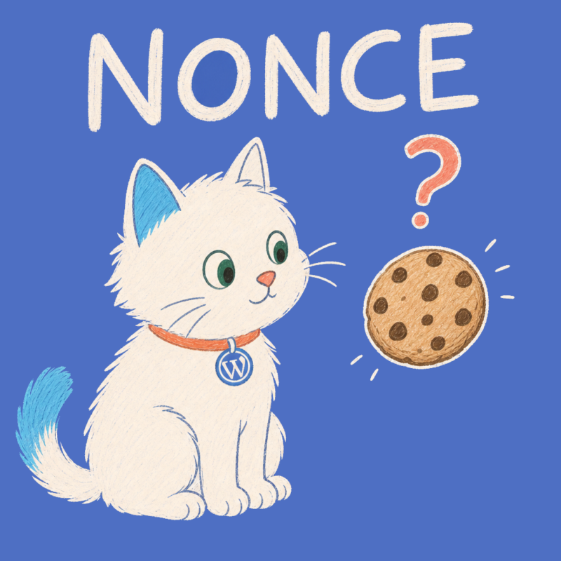 Hand-drawn illustration of the Meow Apps cat puzzled at a cookie with a coral question mark.