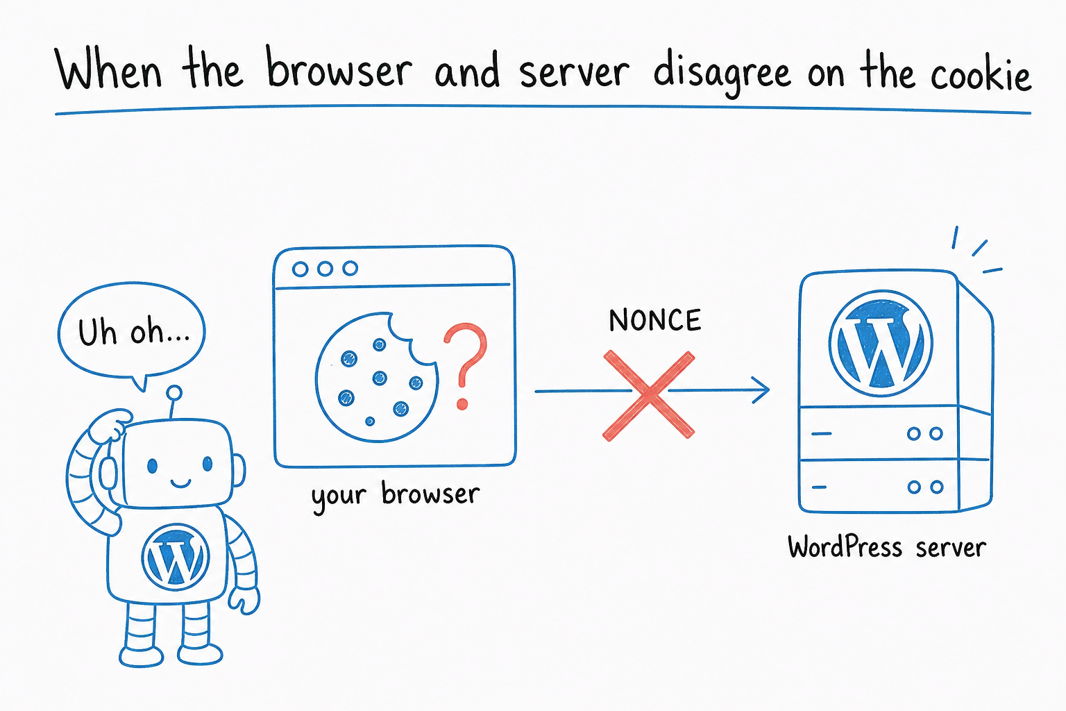 Diagram of a cookie with a question mark, a NONCE arrow, and a WordPress server.