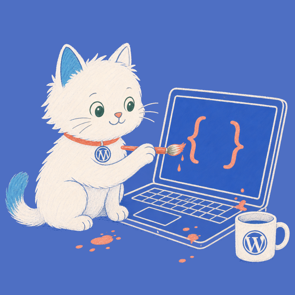 Hand-drawn illustration of the Meow Apps cat painting CSS onto a laptop with a coral paintbrush.