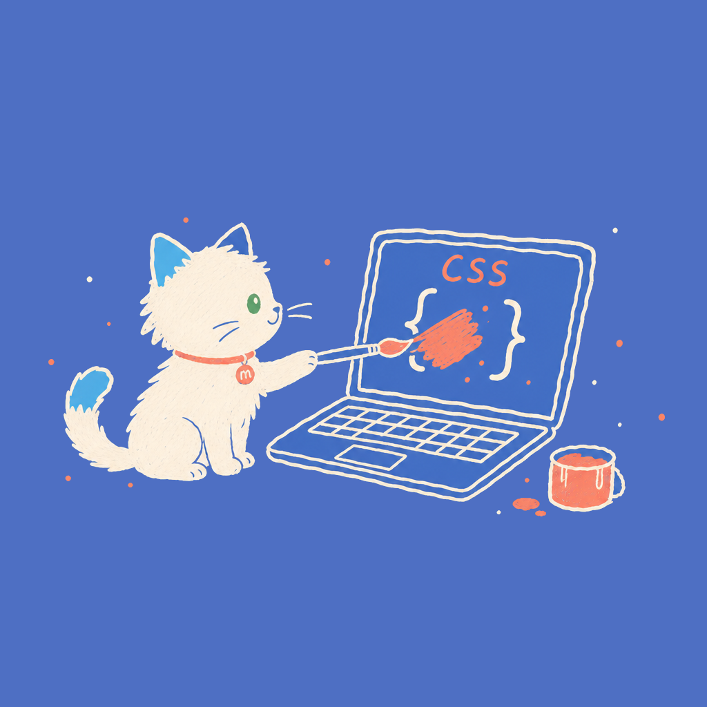 Hand-drawn sketch of the Meow Apps cat painting CSS braces onto a laptop screen with a coral paintbrush.
