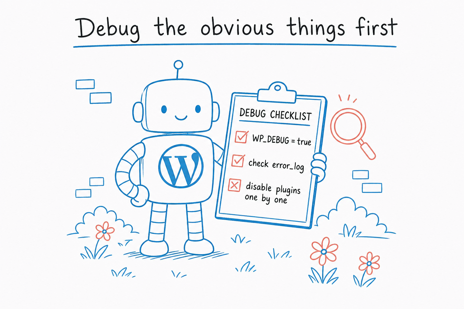 Diagram of a WordPress robot holding a debug checklist.