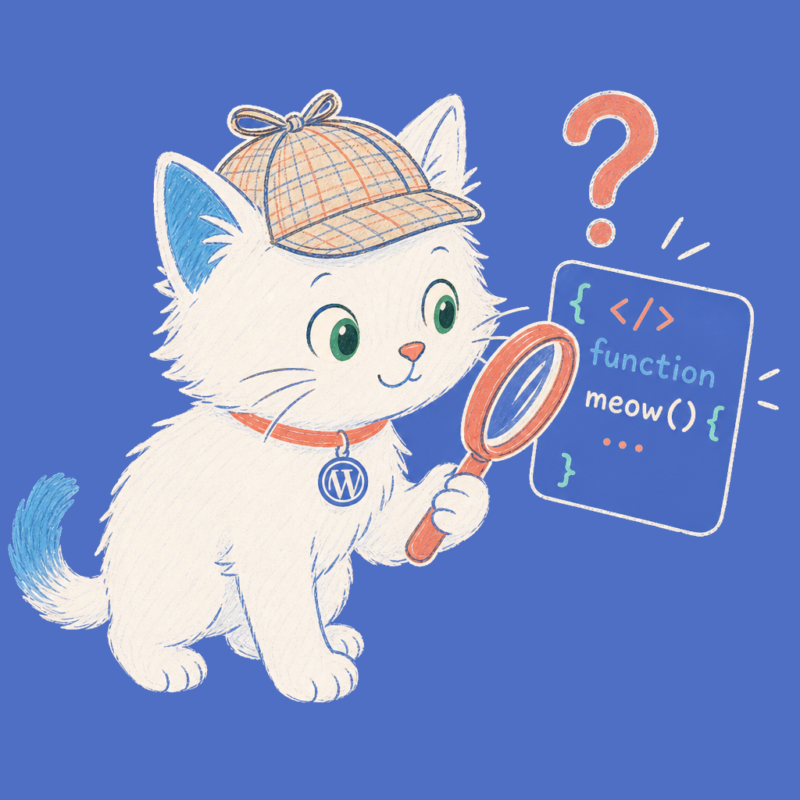 Hand-drawn illustration of the Meow Apps cat in a detective hat with a magnifying glass.