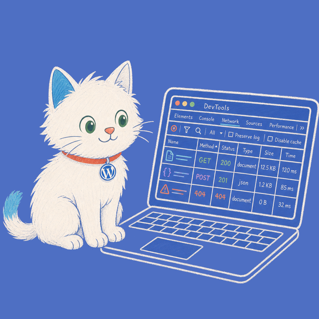 Hand-drawn illustration of the Meow Apps cat at a laptop with a DevTools panel.