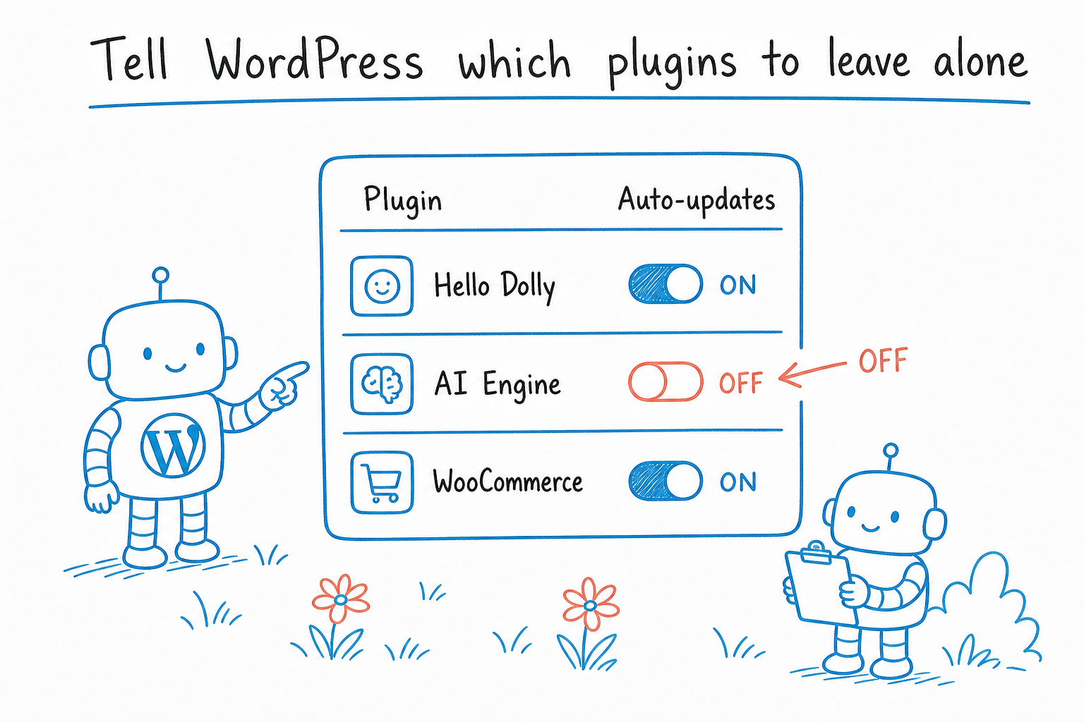 Diagram of WordPress admin plugins list with auto-update toggle off on one row.