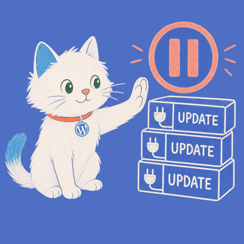 Hand-drawn illustration of the Meow Apps cat stopping a stack of plugin update boxes.