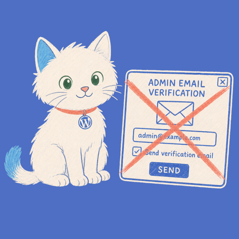 Hand-drawn illustration of the Meow Apps cat next to an Admin Email Verification popup crossed out.