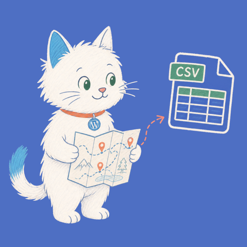 Hand-drawn illustration of the Meow Apps cat with a map and CSV spreadsheet.