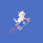 Hand-drawn sketch of the Meow Apps cat riding a small rocket with a WordPress logo and coral speed lines behind.