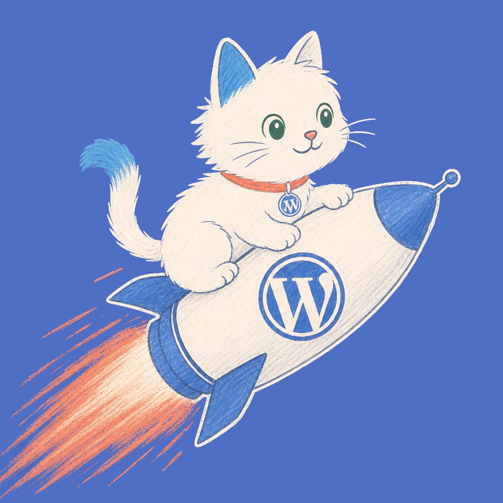 Hand-drawn illustration of the Meow Apps cat riding a WordPress rocket.