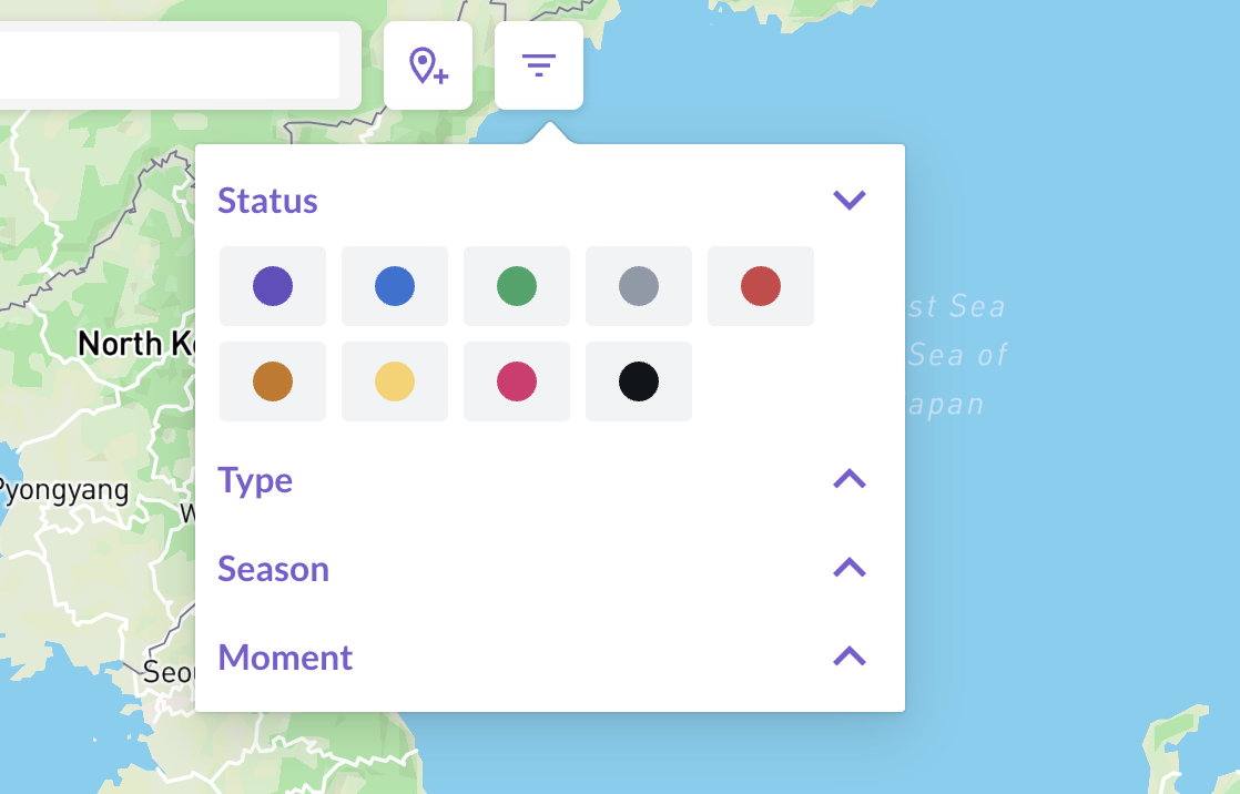 Ikuzo filter panel for filtering spots by status, type, and season