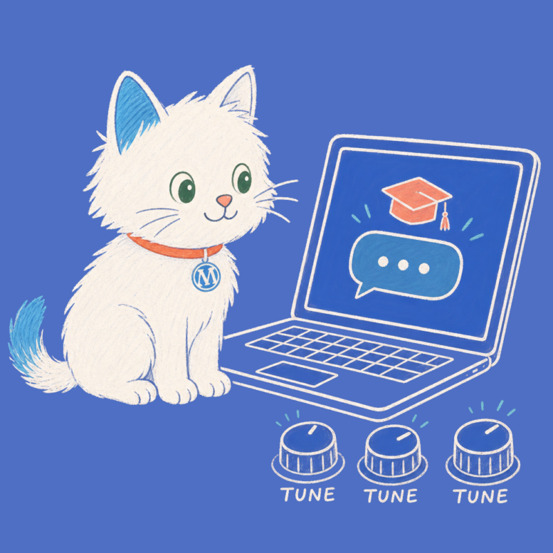 Hand-drawn illustration of the Meow Apps cat at a laptop with TUNE dials and a graduation cap.