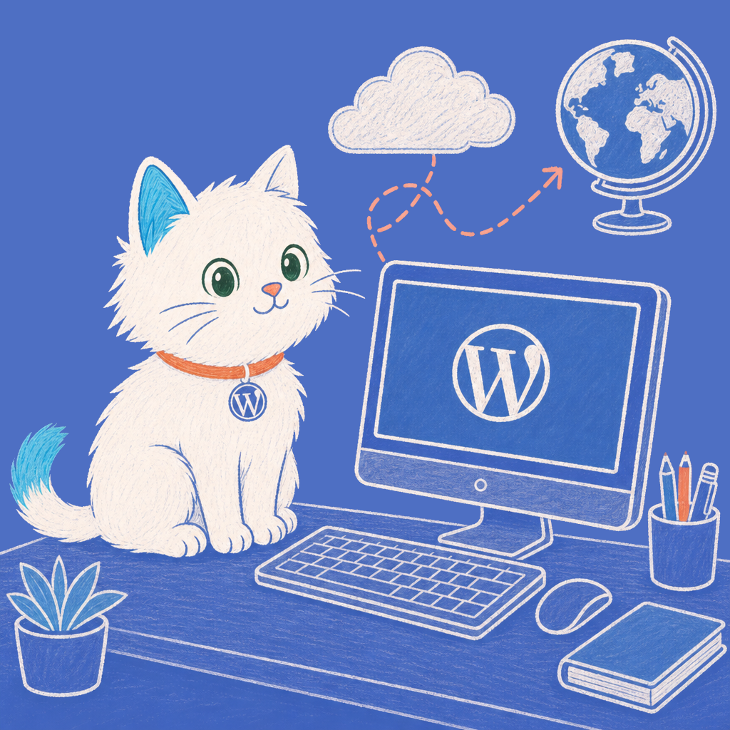 The Meow Apps cat sitting beside a home computer showing the WordPress logo, with a dashed line going up through a cloud out to a globe