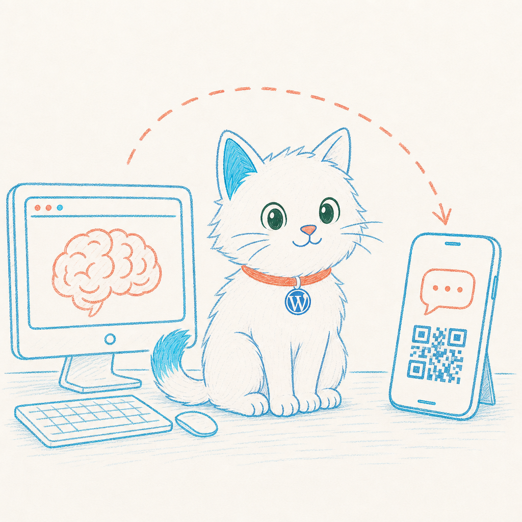 The cat sitting between a computer running a local AI model and a phone showing a chat bubble and a QR pairing code