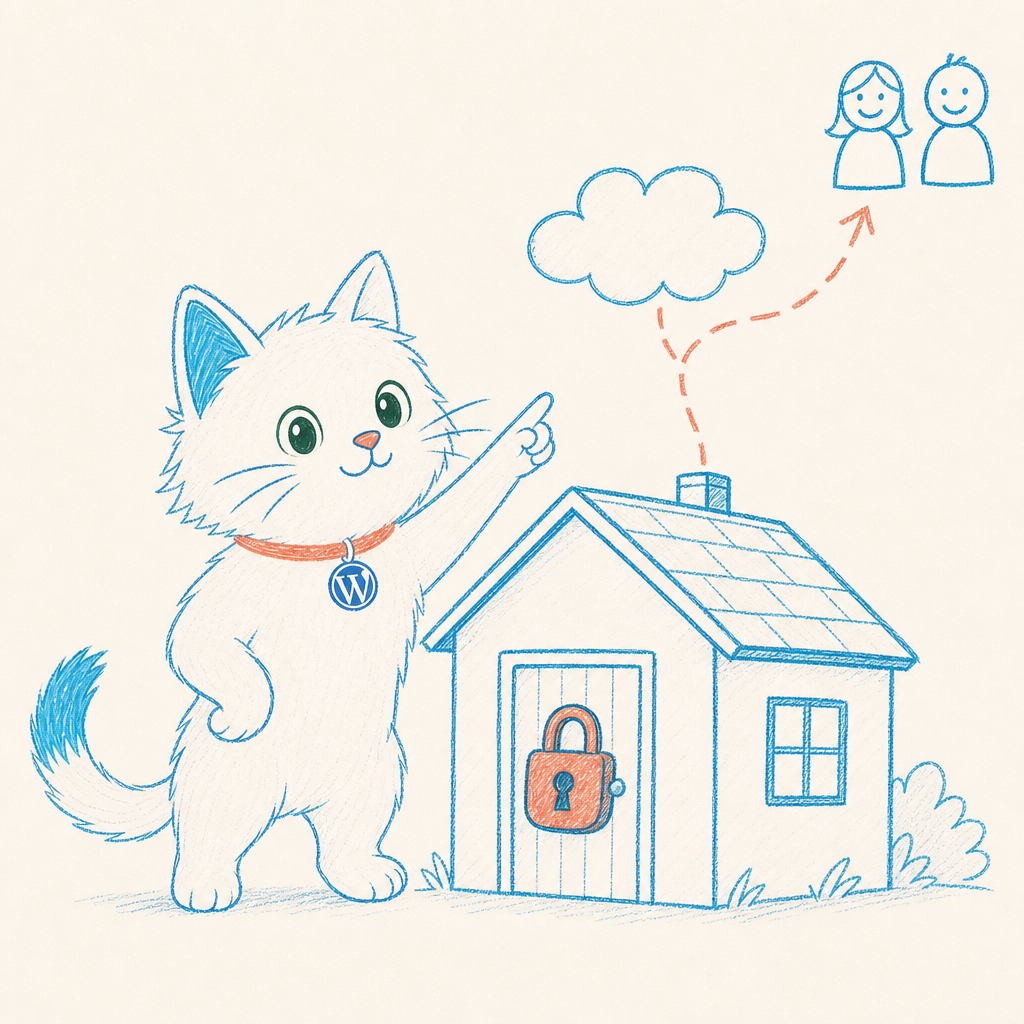 The cat pointing proudly at a dashed line leaving a small house through the roof and reaching two visitors, while the front door stays locked