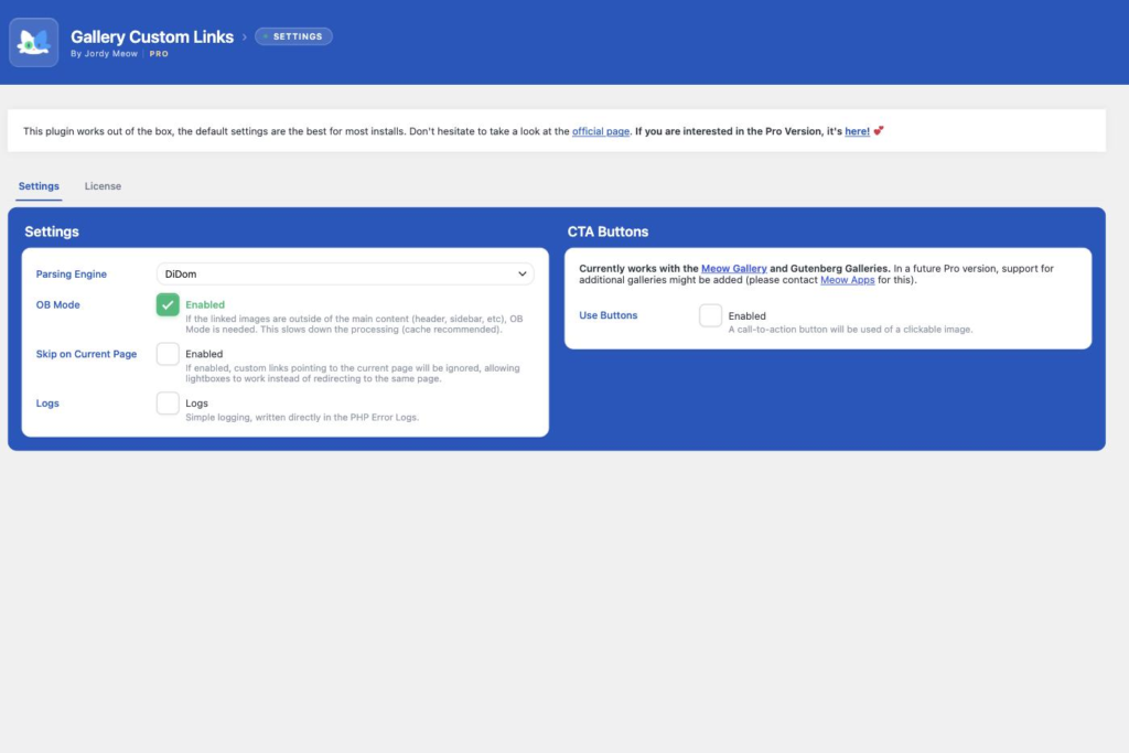 Gallery Custom Links — Settings