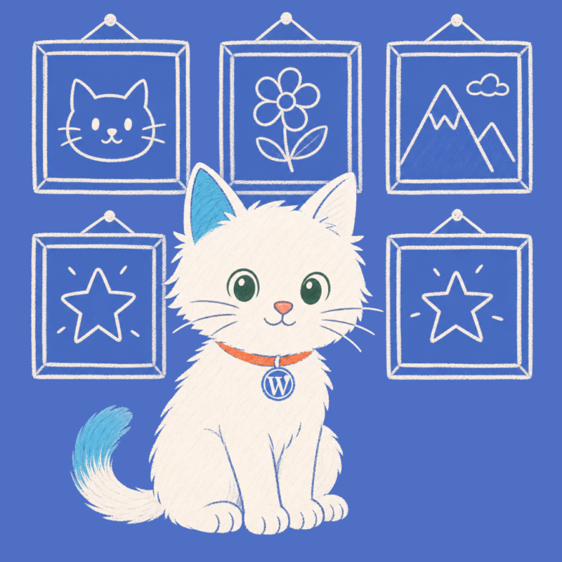 Hand-drawn illustration of the Meow Apps cat in front of a grid of picture frames.