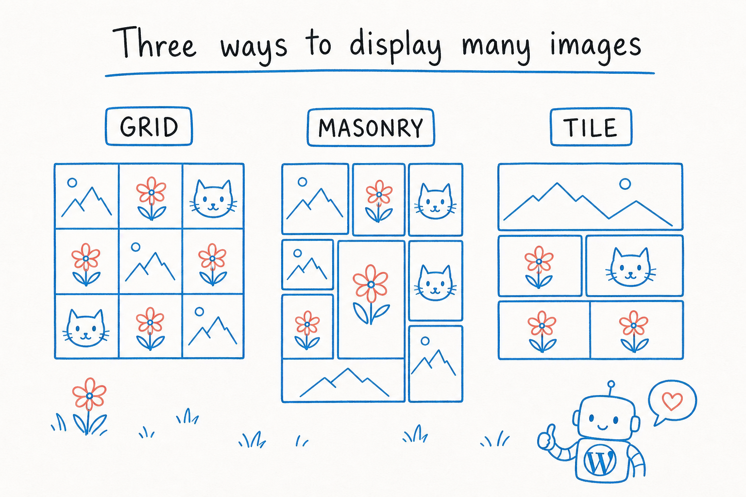 Diagram of three WordPress gallery layouts: grid, masonry, and tile.