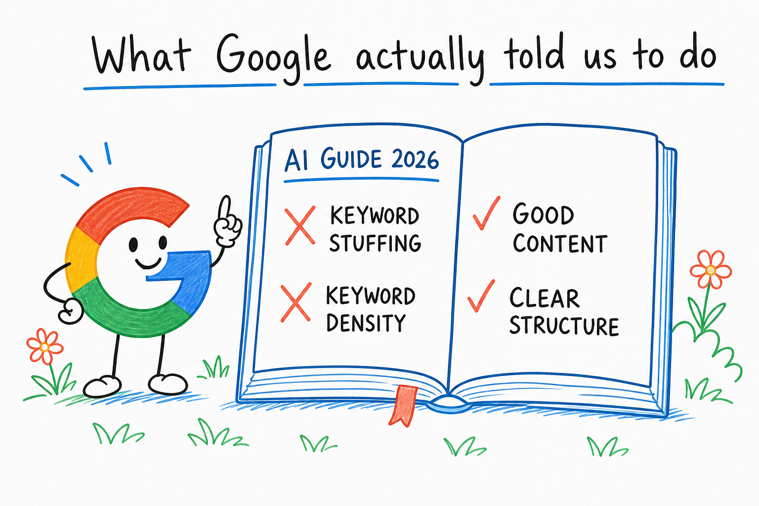 Diagram of Google's AI Guide with SEO myths crossed out and confirmed practices checkmarked.
