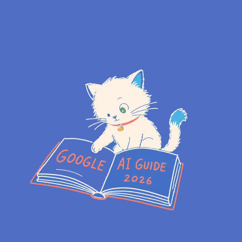 Hand-drawn illustration of the Meow Apps cat reading a Google AI Guide book.