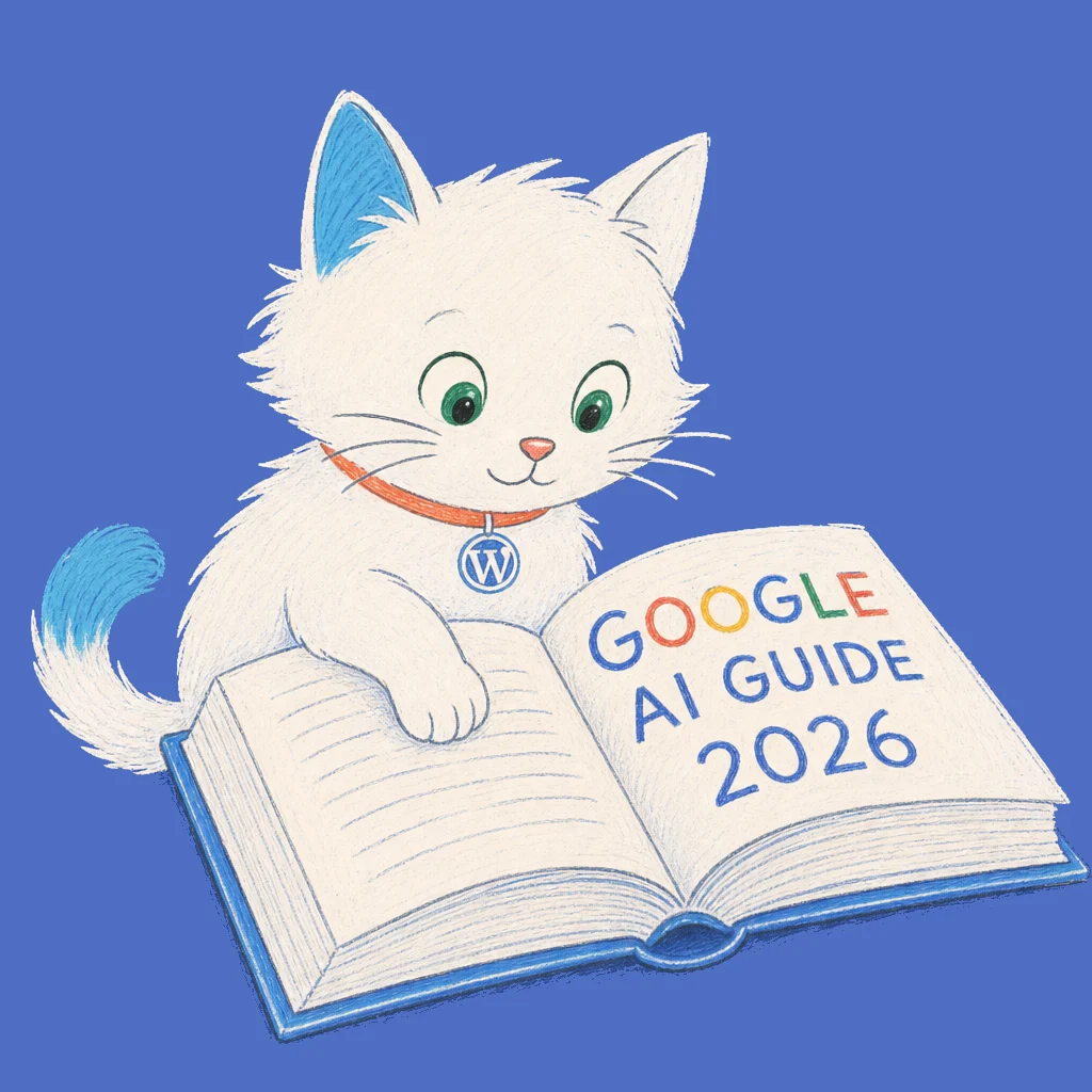 Hand-drawn illustration of the Meow Apps cat reading a Google AI Guide book.