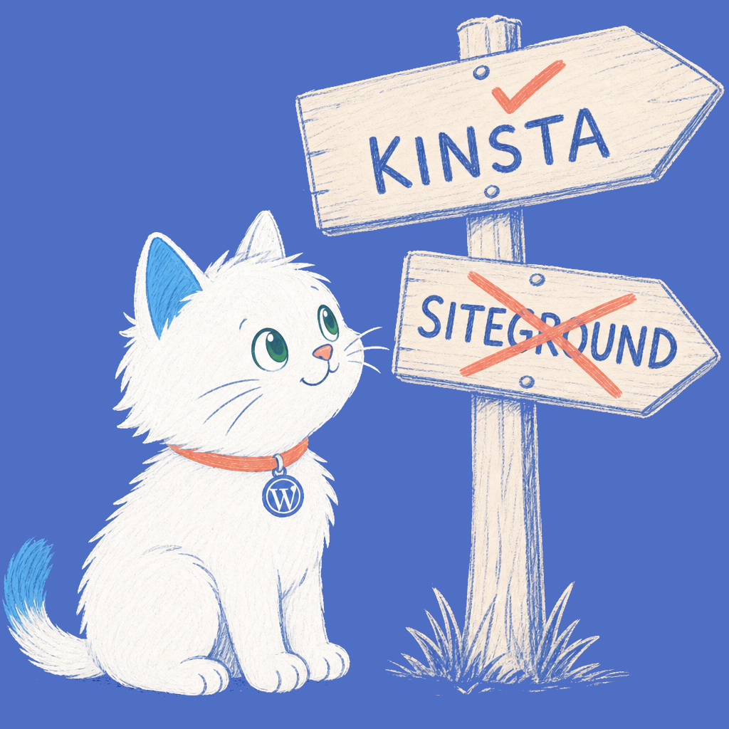 Hand-drawn illustration of the Meow Apps cat looking at signposts for Kinsta and SiteGround.