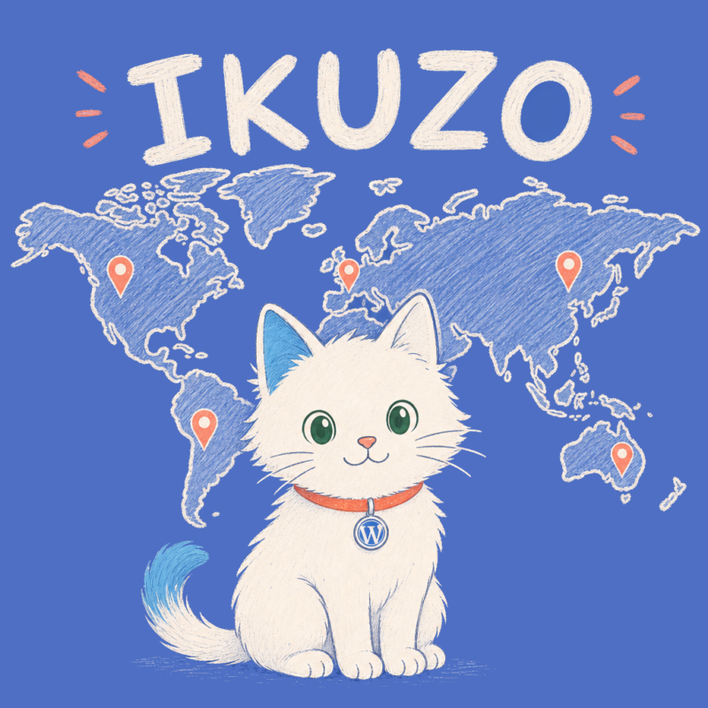 Hand-drawn illustration of the Meow Apps cat in front of a world map with IKUZO printed above.
