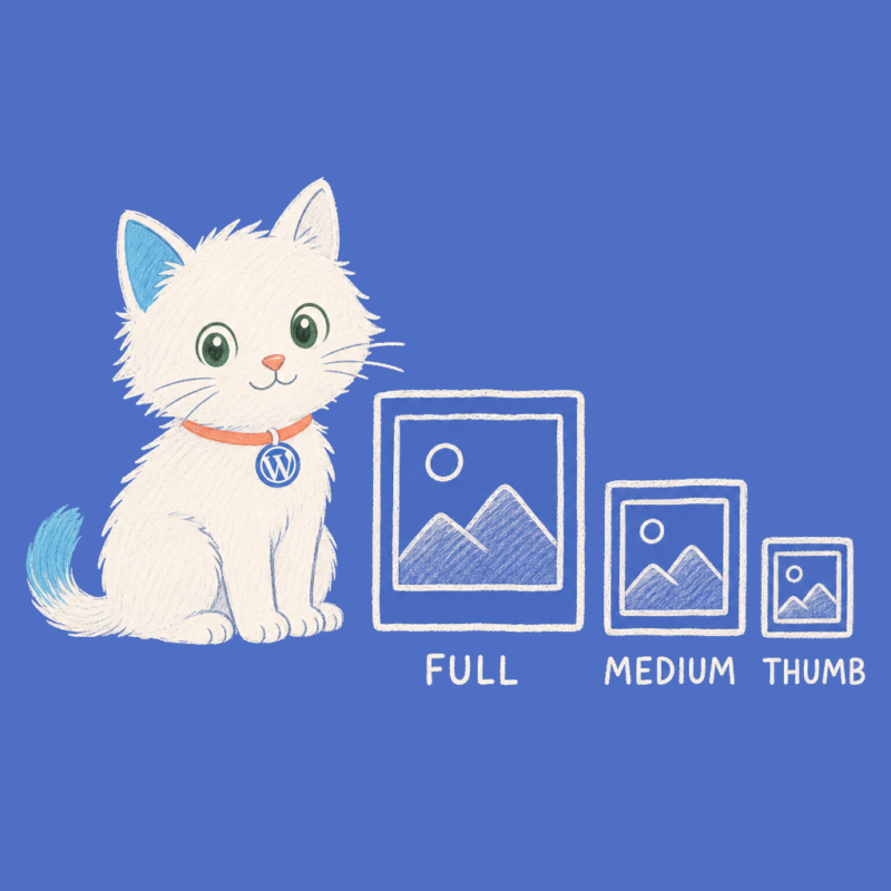 Hand-drawn illustration of the Meow Apps cat next to three image frames at different sizes.