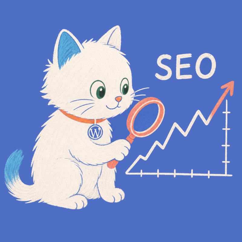 Hand-drawn illustration of the Meow Apps cat with a magnifying glass and a rising SEO chart.