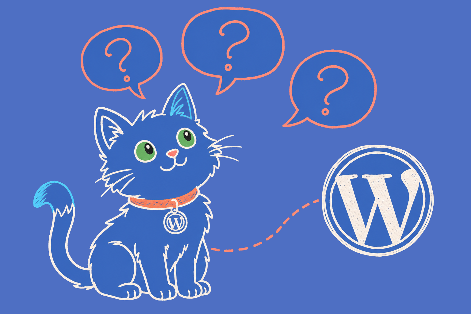 Hand-drawn Meow Apps cat looking up at three question-mark speech bubbles, connected by a dashed line to the WordPress logo.