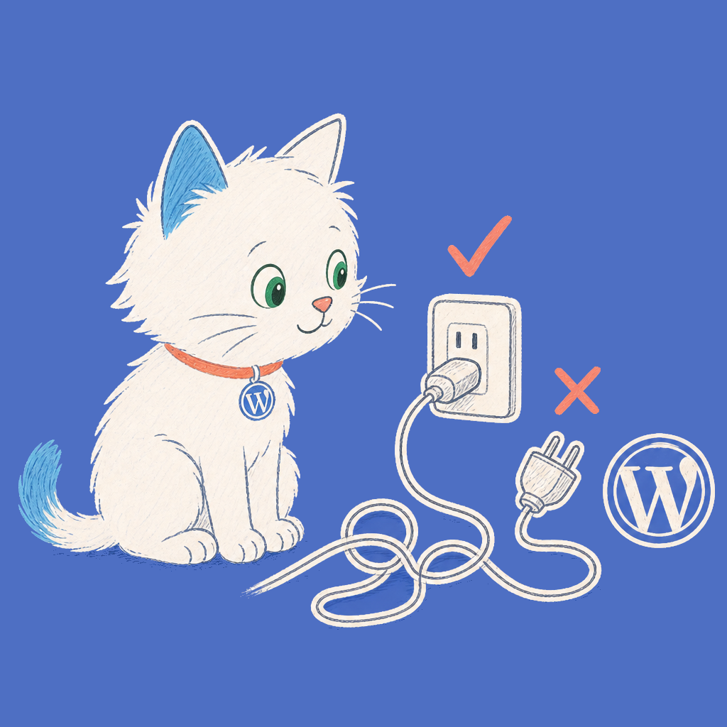 Hand-drawn illustration of the Meow Apps cat looking at tangled cables with check and X marks.