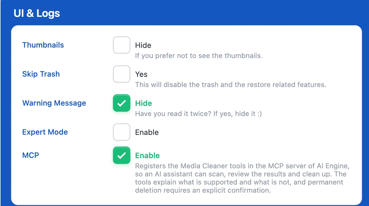 The Advanced settings showing the MCP option enabled, which registers the Media Cleaner tools in the AI Engine MCP server