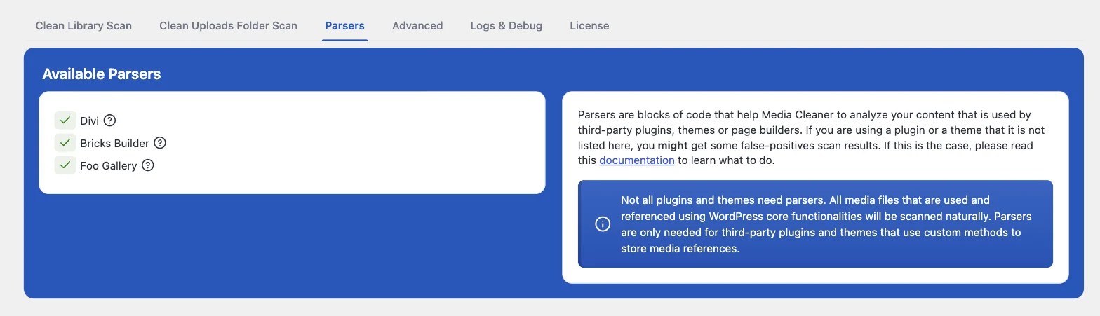 The Parsers settings tab showing Divi, Bricks Builder and Foo Gallery detected and supported
