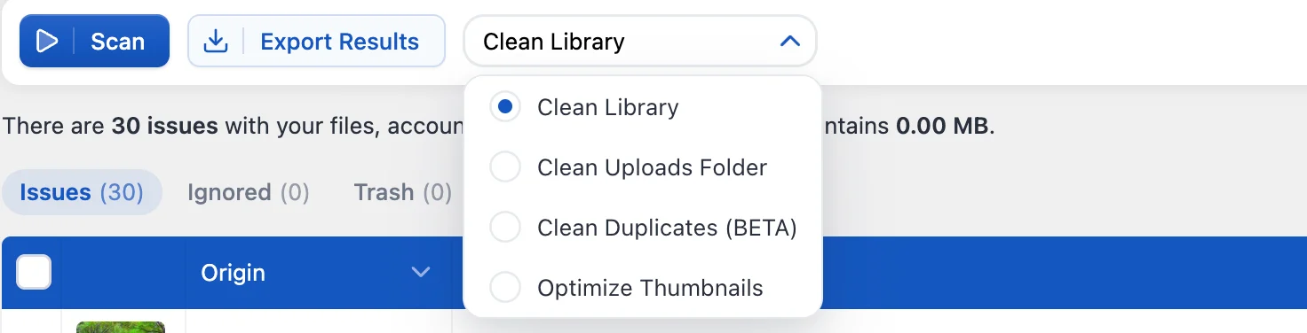The scan selector open, showing Clean Library, Clean Uploads Folder, Clean Duplicates and Optimize Thumbnails