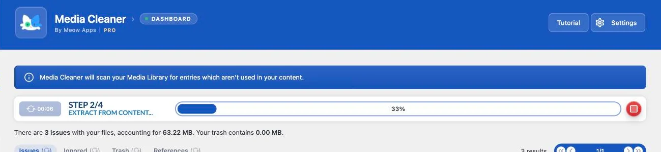 Media Cleaner running a scan, showing step 2 of 4, extracting from content, at 33 percent