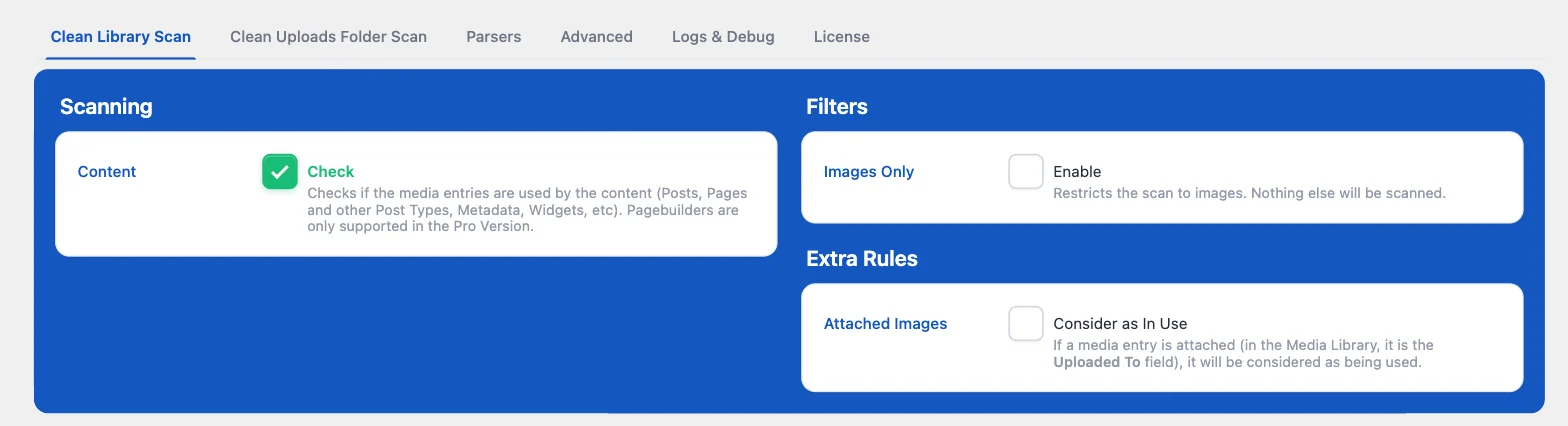 The Clean Library Scan settings tab with the Content check, Images Only filter and Attached Images rule