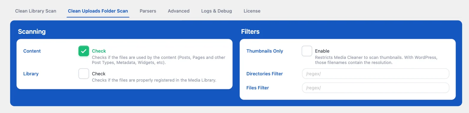 The Clean Uploads Folder Scan settings tab with Content and Library checks, Thumbnails Only, and the regex directory and file filters