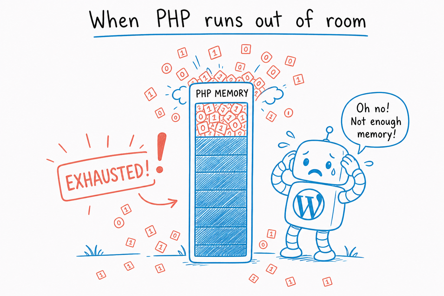 Diagram of an overflowing PHP memory bar with a distressed WordPress robot.