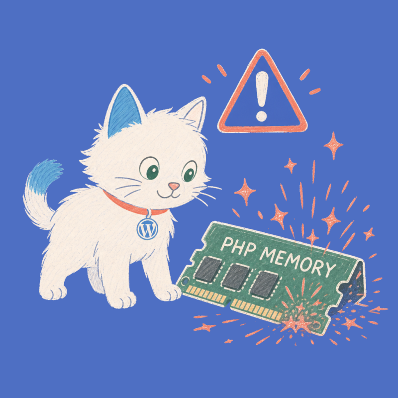 Hand-drawn illustration of the Meow Apps cat next to a tipped PHP memory stick.