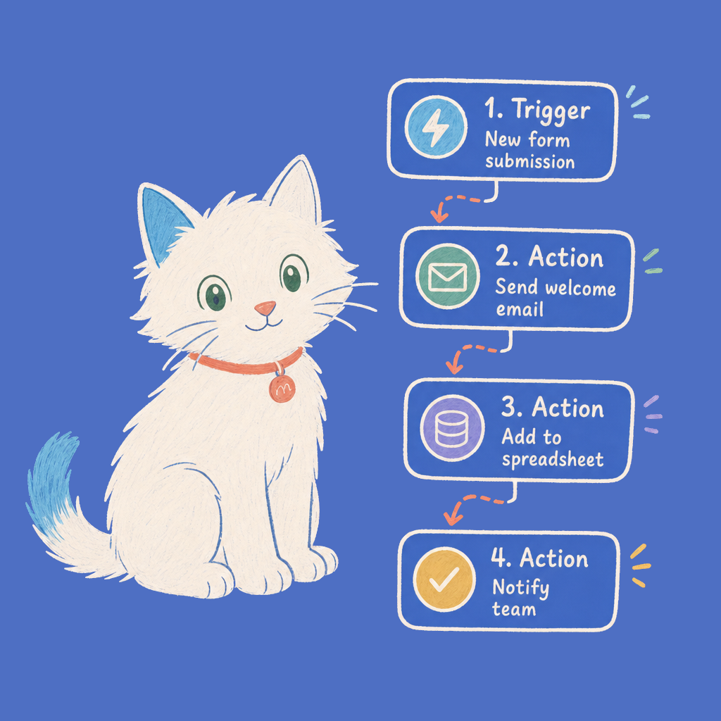 The Meow Apps cat beside a visual workflow board, with trigger and action steps