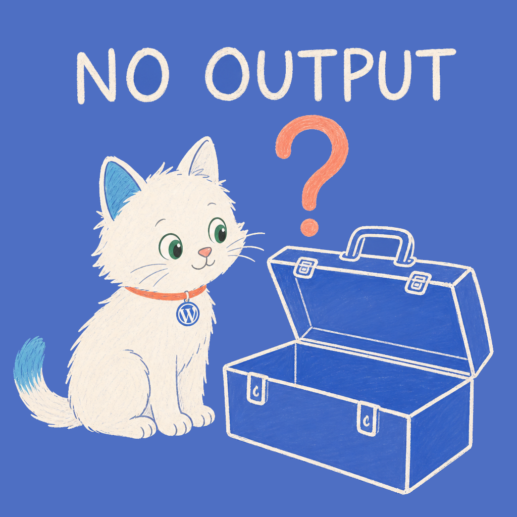 Hand-drawn illustration of the Meow Apps cat next to an empty toolbox with a coral question mark.
